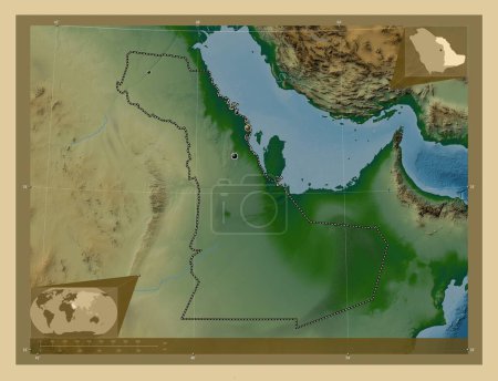 Photo pour Ash Sharqiyah, region of Saudi Arabia. Colored elevation map with lakes and rivers. Locations of major cities of the region. Corner auxiliary location maps - image libre de droit