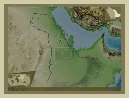 Photo pour Ash Sharqiyah, region of Saudi Arabia. Elevation map colored in wiki style with lakes and rivers. Locations of major cities of the region. Corner auxiliary location maps - image libre de droit