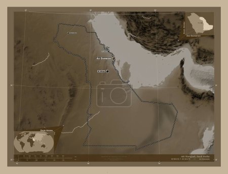 Photo pour Ash Sharqiyah, region of Saudi Arabia. Elevation map colored in sepia tones with lakes and rivers. Locations and names of major cities of the region. Corner auxiliary location maps - image libre de droit