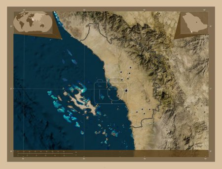 Téléchargez les photos : Jazan, region of Saudi Arabia. Low resolution satellite map. Locations of major cities of the region. Corner auxiliary location maps - en image libre de droit