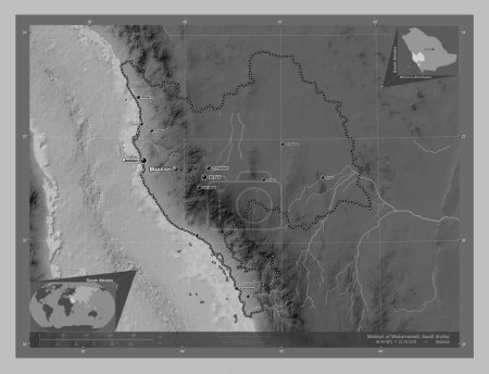 Photo for Makkah al Mukarramah, region of Saudi Arabia. Grayscale elevation map with lakes and rivers. Locations and names of major cities of the region. Corner auxiliary location maps - Royalty Free Image