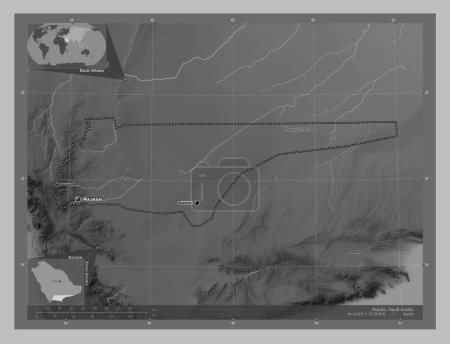 Photo for Najran, region of Saudi Arabia. Grayscale elevation map with lakes and rivers. Locations and names of major cities of the region. Corner auxiliary location maps - Royalty Free Image