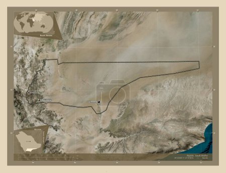 Téléchargez les photos : Najran, région d'Arabie Saoudite. Carte satellite haute résolution. Emplacements et noms des grandes villes de la région. Corner cartes de localisation auxiliaires - en image libre de droit