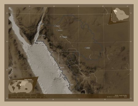 Foto de Tabuk, region of Saudi Arabia. Elevation map colored in sepia tones with lakes and rivers. Locations and names of major cities of the region. Corner auxiliary location maps - Imagen libre de derechos