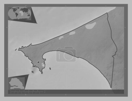 Photo for Dakar, region of Senegal. Grayscale elevation map with lakes and rivers. Locations of major cities of the region. Corner auxiliary location maps - Royalty Free Image