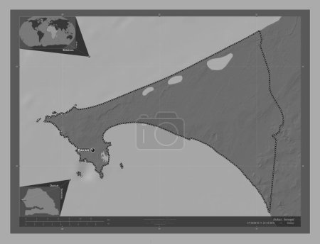 Photo for Dakar, region of Senegal. Bilevel elevation map with lakes and rivers. Locations and names of major cities of the region. Corner auxiliary location maps - Royalty Free Image