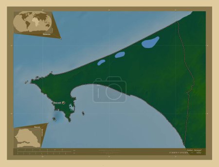 Photo for Dakar, region of Senegal. Colored elevation map with lakes and rivers. Locations and names of major cities of the region. Corner auxiliary location maps - Royalty Free Image