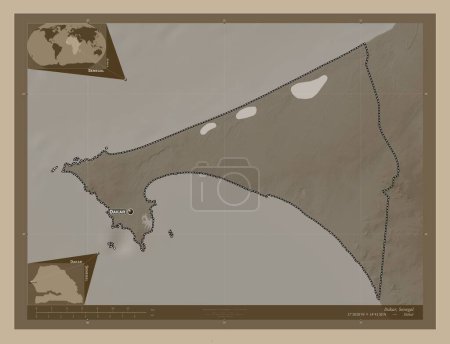 Photo for Dakar, region of Senegal. Elevation map colored in sepia tones with lakes and rivers. Locations and names of major cities of the region. Corner auxiliary location maps - Royalty Free Image