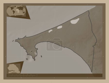 Photo for Dakar, region of Senegal. Elevation map colored in sepia tones with lakes and rivers. Locations of major cities of the region. Corner auxiliary location maps - Royalty Free Image