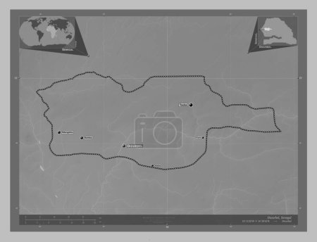 Photo for Diourbel, region of Senegal. Grayscale elevation map with lakes and rivers. Locations and names of major cities of the region. Corner auxiliary location maps - Royalty Free Image