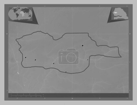 Photo for Diourbel, region of Senegal. Grayscale elevation map with lakes and rivers. Locations of major cities of the region. Corner auxiliary location maps - Royalty Free Image