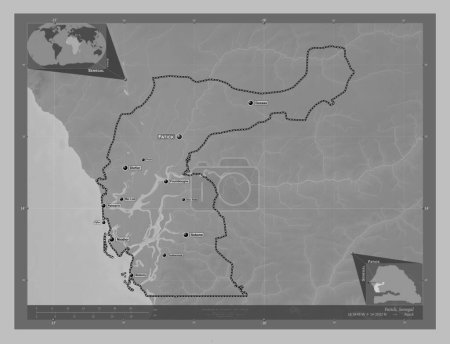 Photo for Fatick, region of Senegal. Grayscale elevation map with lakes and rivers. Locations and names of major cities of the region. Corner auxiliary location maps - Royalty Free Image