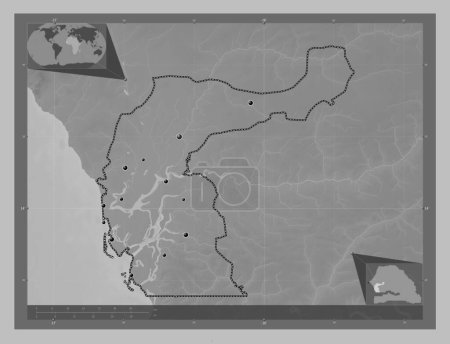 Photo for Fatick, region of Senegal. Grayscale elevation map with lakes and rivers. Locations of major cities of the region. Corner auxiliary location maps - Royalty Free Image