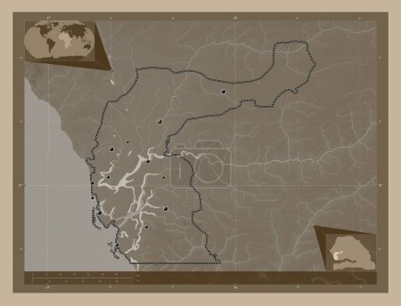 Photo for Fatick, region of Senegal. Elevation map colored in sepia tones with lakes and rivers. Locations of major cities of the region. Corner auxiliary location maps - Royalty Free Image