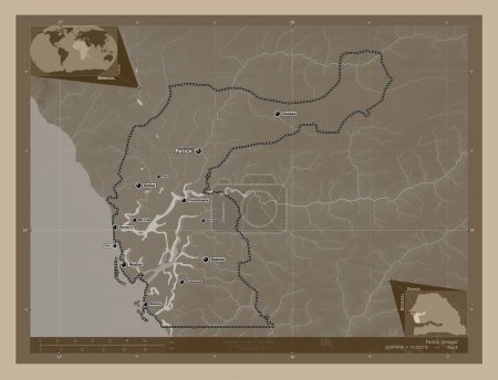 Photo for Fatick, region of Senegal. Elevation map colored in sepia tones with lakes and rivers. Locations and names of major cities of the region. Corner auxiliary location maps - Royalty Free Image