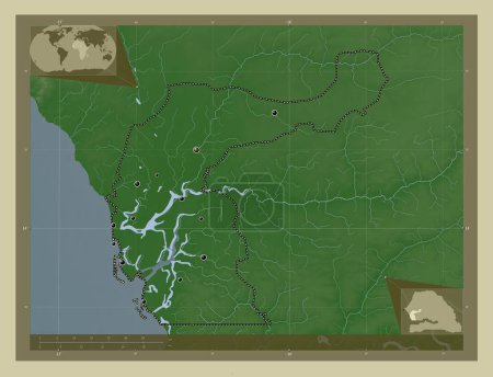 Photo for Fatick, region of Senegal. Elevation map colored in wiki style with lakes and rivers. Locations of major cities of the region. Corner auxiliary location maps - Royalty Free Image