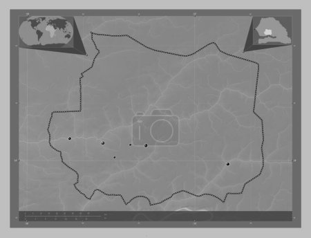 Photo for Kaffrine, region of Senegal. Grayscale elevation map with lakes and rivers. Locations of major cities of the region. Corner auxiliary location maps - Royalty Free Image