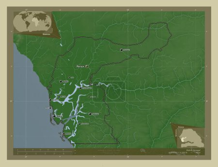 Photo for Fatick, region of Senegal. Elevation map colored in wiki style with lakes and rivers. Locations and names of major cities of the region. Corner auxiliary location maps - Royalty Free Image