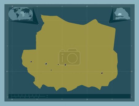 Photo for Kaffrine, region of Senegal. Solid color shape. Locations of major cities of the region. Corner auxiliary location maps - Royalty Free Image