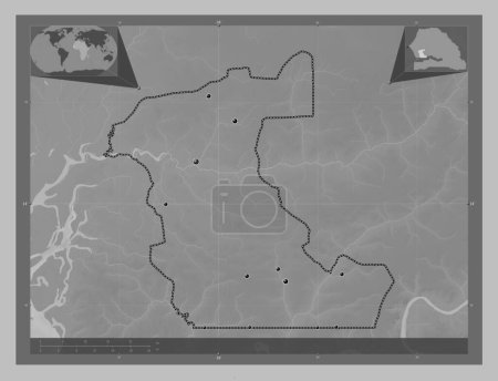 Photo for Kaolack, region of Senegal. Grayscale elevation map with lakes and rivers. Locations of major cities of the region. Corner auxiliary location maps - Royalty Free Image