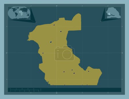 Foto de Kaolack, región de Senegal. Forma de color sólido. Ubicaciones de las principales ciudades de la región. Mapas de ubicación auxiliares de esquina - Imagen libre de derechos