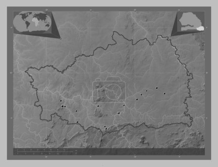 Photo for Kedougou, region of Senegal. Grayscale elevation map with lakes and rivers. Locations of major cities of the region. Corner auxiliary location maps - Royalty Free Image