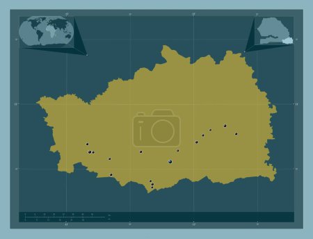 Photo for Kedougou, region of Senegal. Solid color shape. Locations of major cities of the region. Corner auxiliary location maps - Royalty Free Image