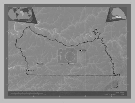 Photo for Kolda, region of Senegal. Grayscale elevation map with lakes and rivers. Locations and names of major cities of the region. Corner auxiliary location maps - Royalty Free Image