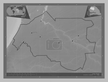 Photo for Louga, region of Senegal. Grayscale elevation map with lakes and rivers. Locations and names of major cities of the region. Corner auxiliary location maps - Royalty Free Image