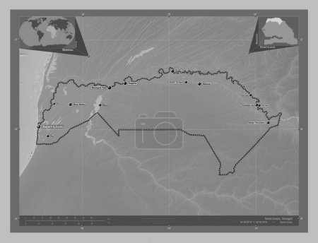 Photo for Saint-Louis, region of Senegal. Grayscale elevation map with lakes and rivers. Locations and names of major cities of the region. Corner auxiliary location maps - Royalty Free Image