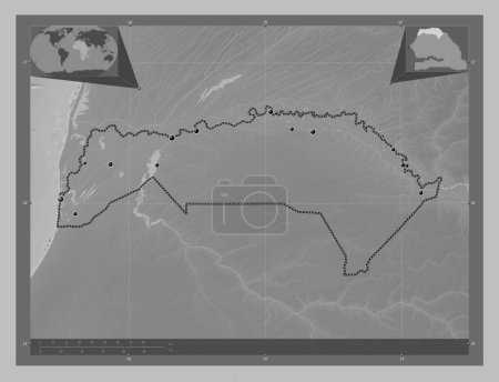 Photo for Saint-Louis, region of Senegal. Grayscale elevation map with lakes and rivers. Locations of major cities of the region. Corner auxiliary location maps - Royalty Free Image