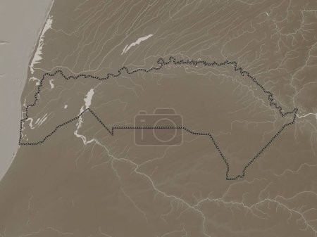 Photo for Saint-Louis, region of Senegal. Elevation map colored in sepia tones with lakes and rivers - Royalty Free Image