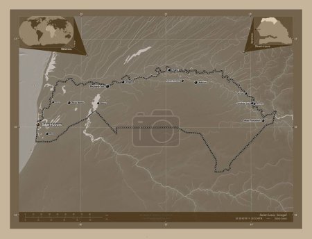 Photo for Saint-Louis, region of Senegal. Elevation map colored in sepia tones with lakes and rivers. Locations and names of major cities of the region. Corner auxiliary location maps - Royalty Free Image