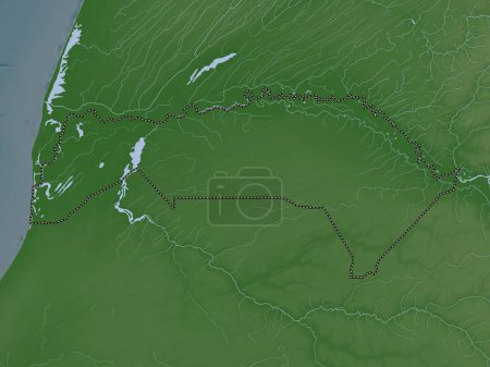 Téléchargez les photos : Saint-Louis, région du Sénégal. Carte d'altitude colorée dans le style wiki avec des lacs et des rivières - en image libre de droit
