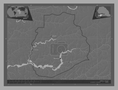 Photo for Sedhiou, region of Senegal. Bilevel elevation map with lakes and rivers. Locations and names of major cities of the region. Corner auxiliary location maps - Royalty Free Image