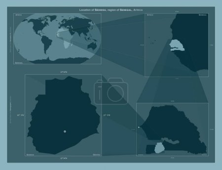 Photo for Sedhiou, region of Senegal. Diagram showing the location of the region on larger-scale maps. Composition of vector frames and PNG shapes on a solid background - Royalty Free Image