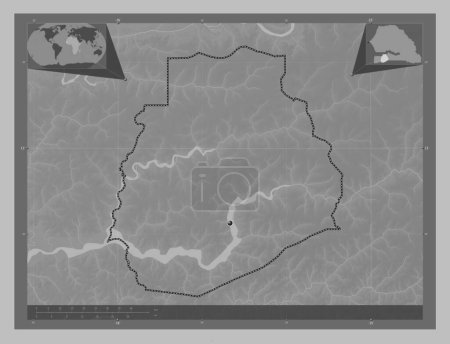 Photo for Sedhiou, region of Senegal. Grayscale elevation map with lakes and rivers. Corner auxiliary location maps - Royalty Free Image