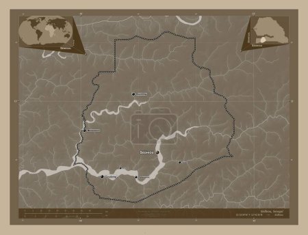 Photo for Sedhiou, region of Senegal. Elevation map colored in sepia tones with lakes and rivers. Locations and names of major cities of the region. Corner auxiliary location maps - Royalty Free Image