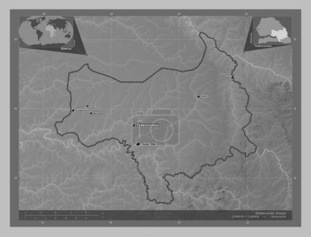 Photo for Tambacounda, region of Senegal. Grayscale elevation map with lakes and rivers. Locations and names of major cities of the region. Corner auxiliary location maps - Royalty Free Image