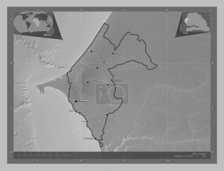 Photo for Thies, region of Senegal. Grayscale elevation map with lakes and rivers. Locations and names of major cities of the region. Corner auxiliary location maps - Royalty Free Image