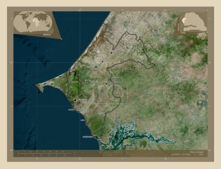 Photo for Thies, region of Senegal. High resolution satellite map. Locations and names of major cities of the region. Corner auxiliary location maps - Royalty Free Image