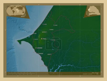 Téléchargez les photos : Thies, région du Sénégal. Carte d'altitude colorée avec lacs et rivières. Emplacements et noms des grandes villes de la région. Corner cartes de localisation auxiliaires - en image libre de droit