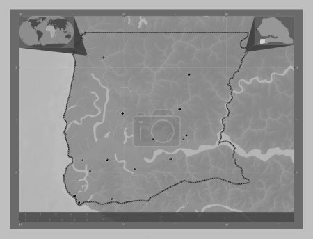 Photo for Ziguinchor, region of Senegal. Grayscale elevation map with lakes and rivers. Locations of major cities of the region. Corner auxiliary location maps - Royalty Free Image