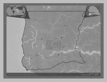 Photo for Ziguinchor, region of Senegal. Grayscale elevation map with lakes and rivers. Locations and names of major cities of the region. Corner auxiliary location maps - Royalty Free Image