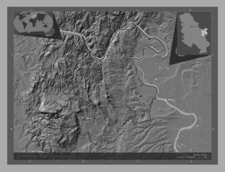 Photo for Borski, district of Serbia. Bilevel elevation map with lakes and rivers. Locations and names of major cities of the region. Corner auxiliary location maps - Royalty Free Image
