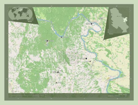 Téléchargez les photos : Borski, district of Serbia. Open Street Map. Locations and names of major cities of the region. Corner auxiliary location maps - en image libre de droit