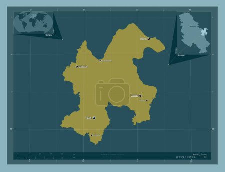 Téléchargez les photos : Borski, district of Serbia. Solid color shape. Locations and names of major cities of the region. Corner auxiliary location maps - en image libre de droit