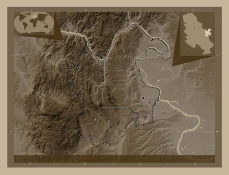 Photo for Borski, district of Serbia. Elevation map colored in sepia tones with lakes and rivers. Locations of major cities of the region. Corner auxiliary location maps - Royalty Free Image