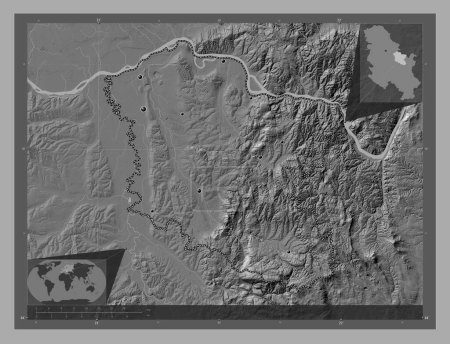 Photo for Branicevski, district of Serbia. Bilevel elevation map with lakes and rivers. Locations of major cities of the region. Corner auxiliary location maps - Royalty Free Image