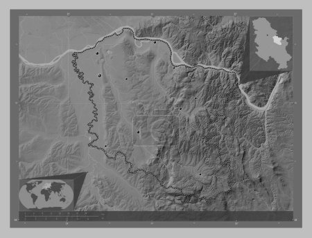 Photo for Branicevski, district of Serbia. Grayscale elevation map with lakes and rivers. Locations of major cities of the region. Corner auxiliary location maps - Royalty Free Image